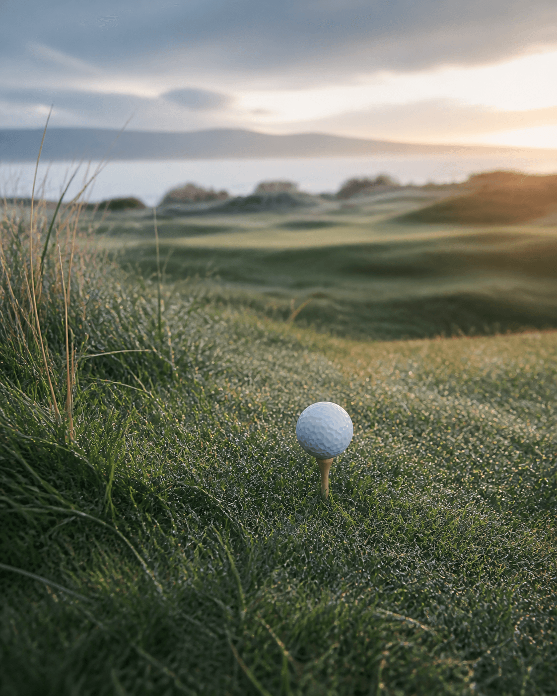 A golf ball on a tee on a generic dew-covered links course